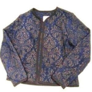 Old Navy Blazer Jacket Damask Pattern Blue Black Unlined Open Front Size Small